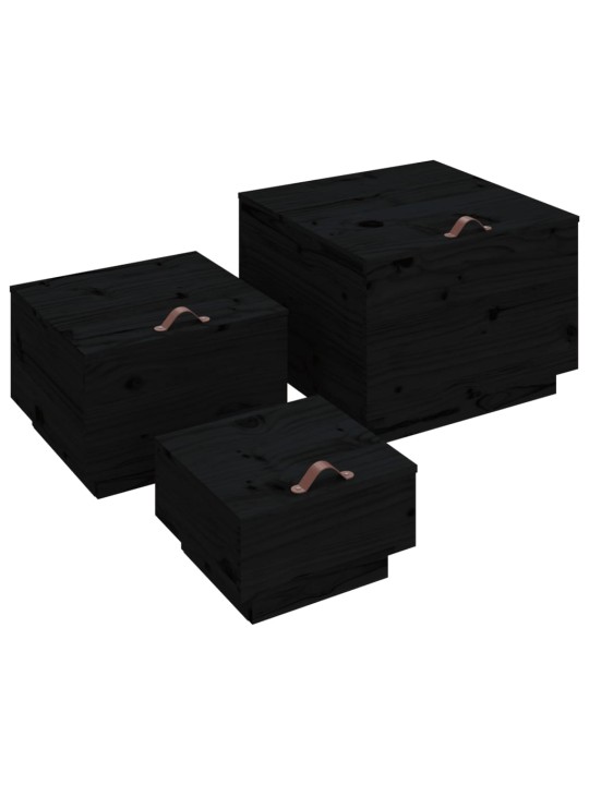 Úložné boxy s víkem 3 ks černé masivní borové dřevo