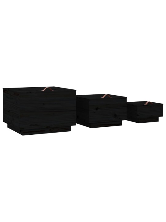 Úložné boxy s víkem 3 ks černé masivní borové dřevo