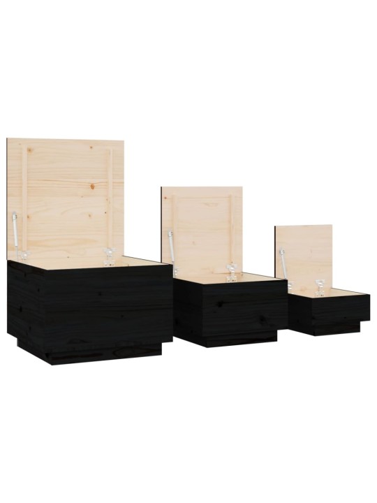 Úložné boxy s víkem 3 ks černé masivní borové dřevo