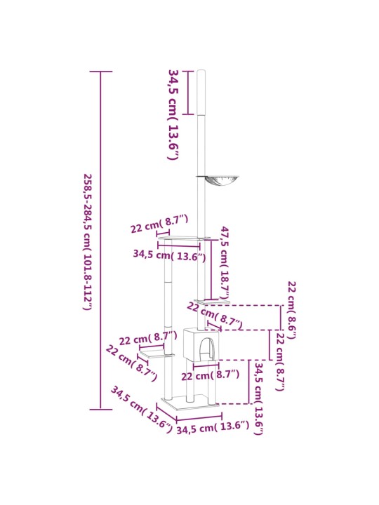 Kočičí strom ke stropu světle šedý 258,5–284,5 cm