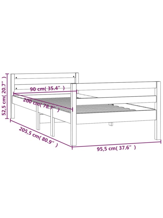 Rám postele šedý 90 x 200 cm masivní borovice