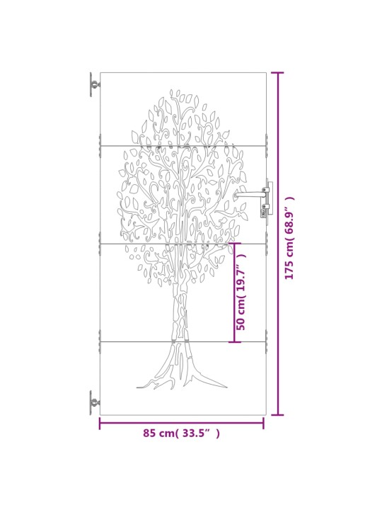Zahradní branka 85 x 175 cm cortenová ocel Strom