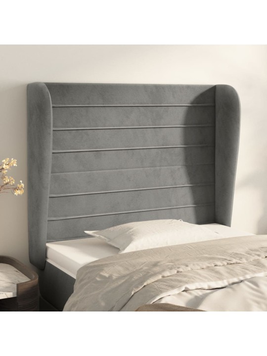 Čelo postele typu ušák světle šedé 93 x 23 x 118/128 cm samet