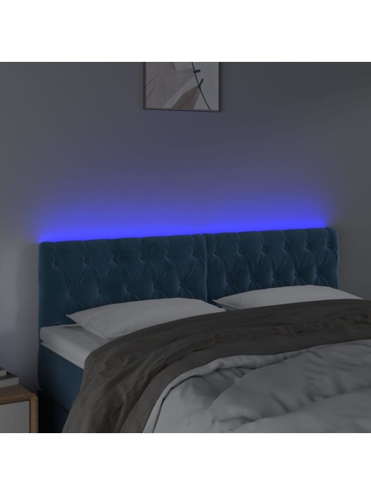Čelo postele s led tmavě modré 144 x 7 x 78/88 cm samet
