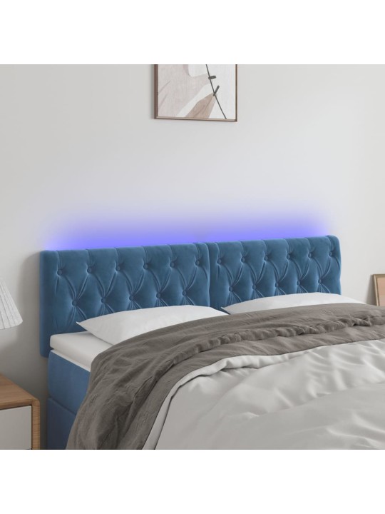 Čelo postele s led tmavě modré 144 x 7 x 78/88 cm samet