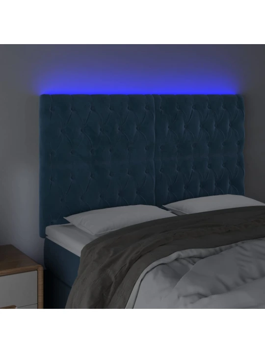 Čelo postele s led tmavě modré 160x7x118/128 cm samet