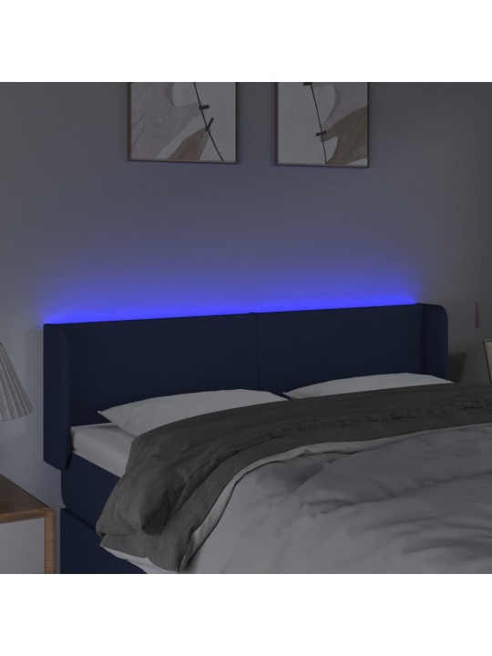 Čelo postele s led modré 147 x 16 x 78/88 cm textil