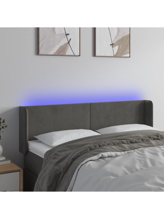 Čelo postele s LED tmavě šedé 147 x 16 x 78/88 cm samet
