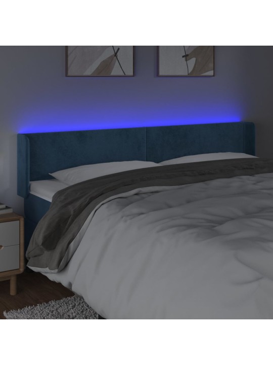 Čelo postele s led tmavě modré 163 x 16 x 78/88 cm samet