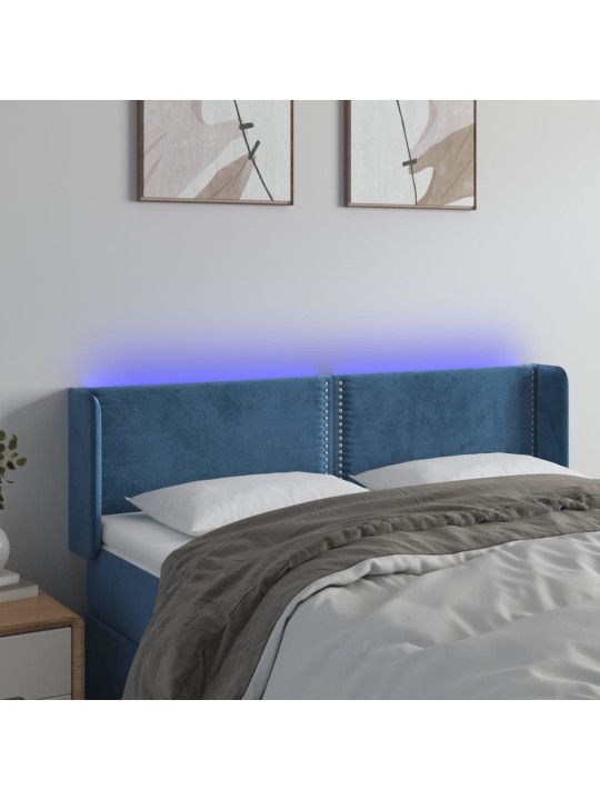 Čelo postele s LED tmavě modré 147 x 16 x 78/88 cm samet