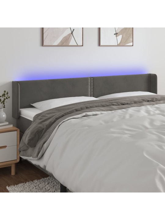 Čelo postele s LED tmavě šedé 163 x 16 x 78/88 cm samet