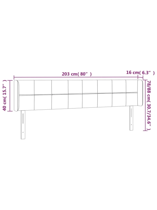 Čelo postele s led tmavě hnědé 203 x 16 x 78/88 cm textil