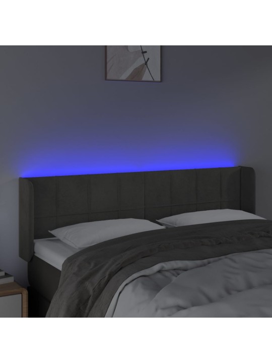 Čelo postele s LED tmavě šedé 147 x 16 x 78/88 cm samet