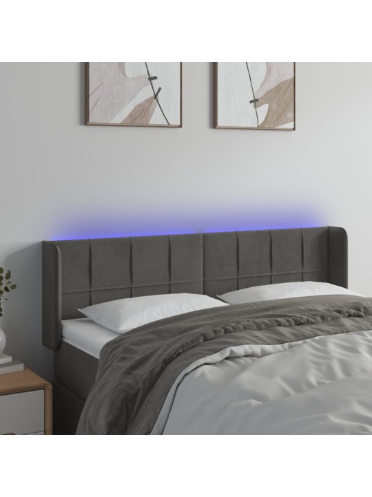 Čelo postele s LED tmavě šedé 147 x 16 x 78/88 cm samet