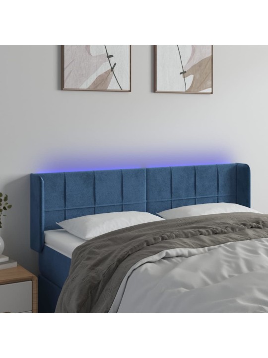 Čelo postele s led tmavě modré 147 x 16 x 78/88 cm samet