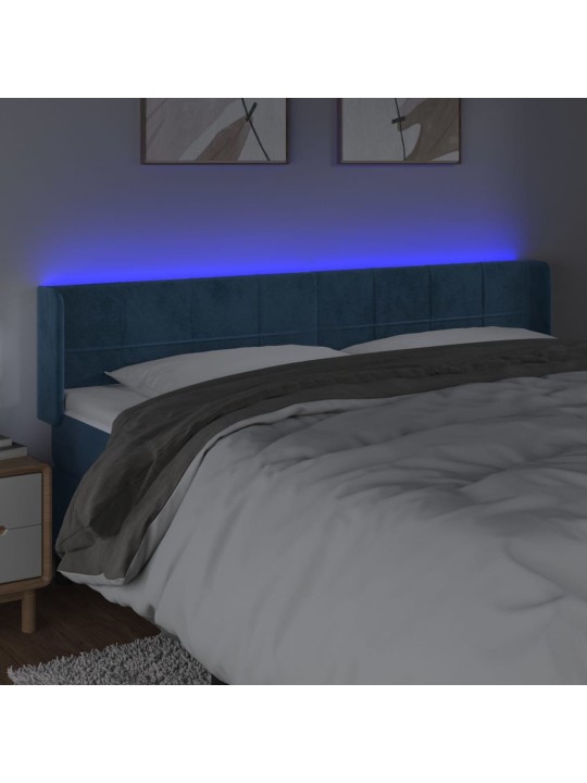 Čelo postele s led tmavě modré 203 x 16 x 78/88 cm samet