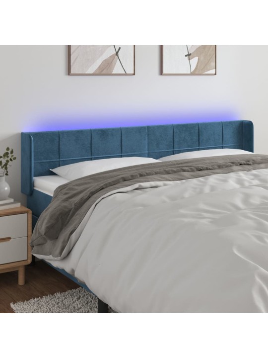 Čelo postele s led tmavě modré 203 x 16 x 78/88 cm samet