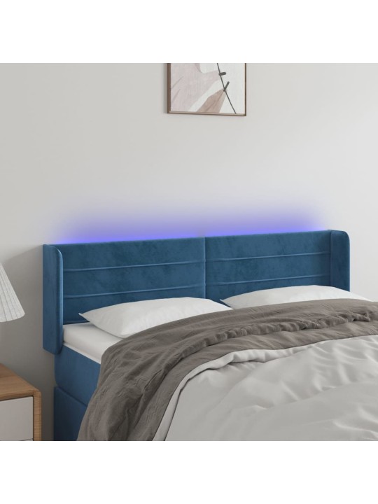 Čelo postele s led tmavě modré 147 x 16 x 78/88 cm samet