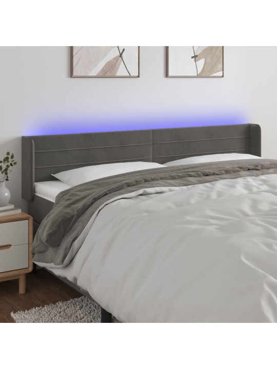 Čelo postele s LED tmavě šedé 163 x 16 x 78/88 cm samet