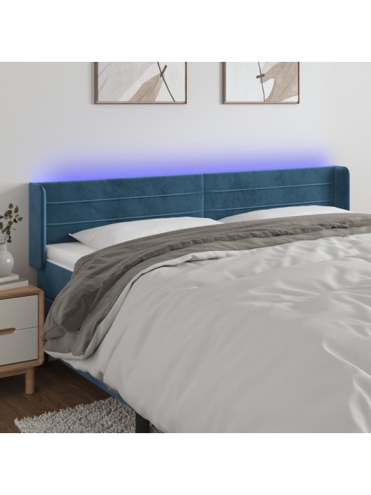 Čelo postele s LED tmavě modré 203 x 16 x 78/88 cm samet