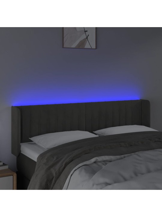 Čelo postele s LED tmavě šedé 147 x 16 x 78/88 cm samet