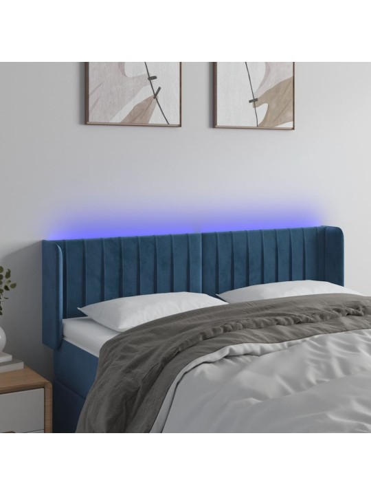 Čelo postele s led tmavě modré 147 x 16 x 78/88 cm samet