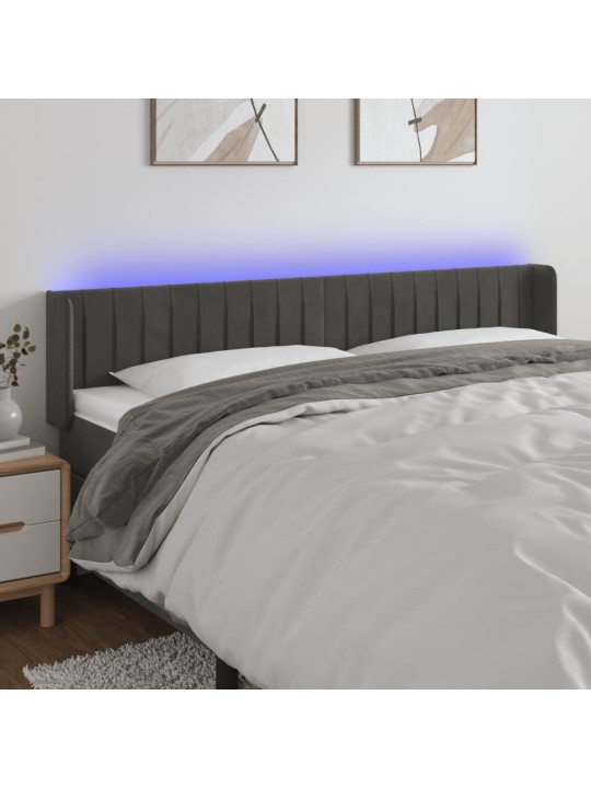Čelo postele s LED tmavě šedé 163 x 16 x 78/88 cm samet
