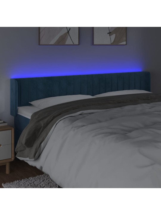 Čelo postele s led tmavě modré 203 x 16 x 78/88 cm samet