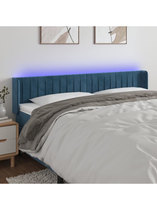 Čelo postele s led tmavě modré 203 x 16 x 78/88 cm samet