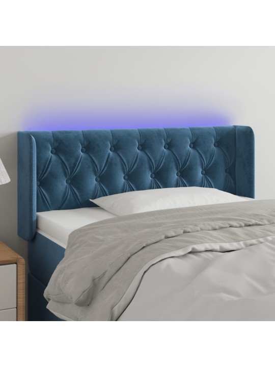 Čelo postele s led tmavě modré 103 x 16 x 78/88 cm samet
