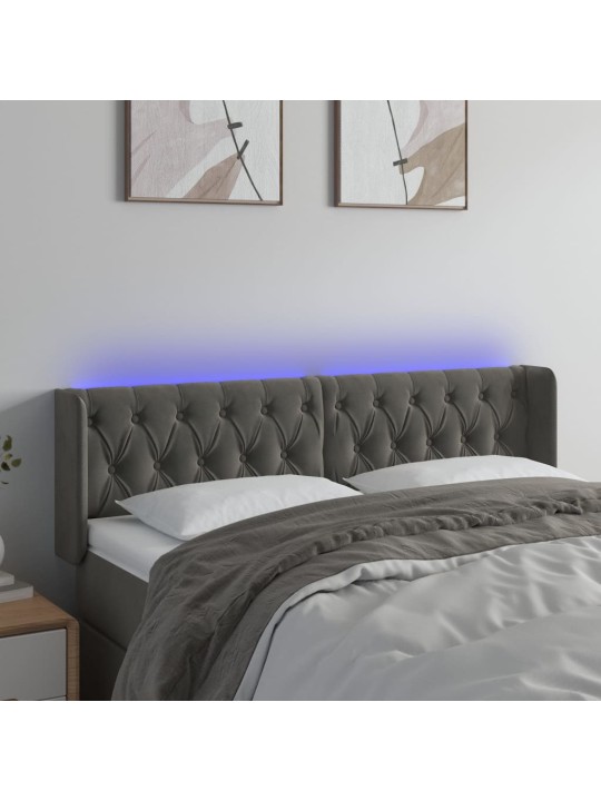 Čelo postele s LED tmavě šedé 147 x 16 x 78/88 cm samet