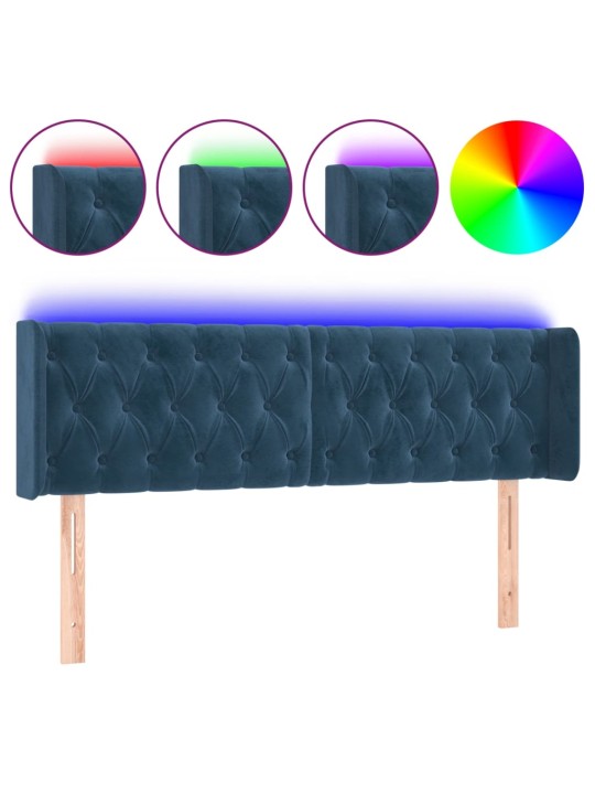 Čelo postele s led tmavě modré 147 x 16 x 78/88 cm samet
