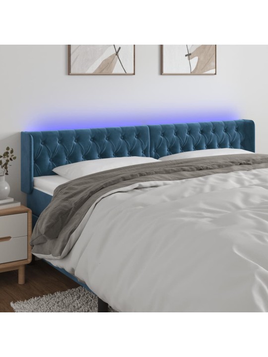 Čelo postele s LED tmavě modré 183 x 16 x 78/88 cm samet