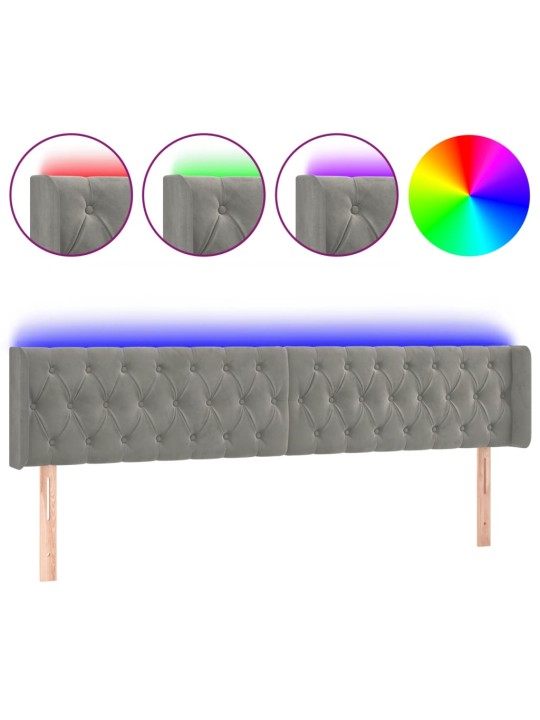 Čelo postele s LED světle šedé 203 x 16 x 78/88 cm samet