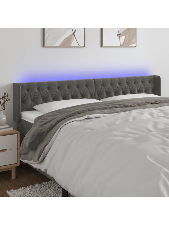 Čelo postele s LED tmavě šedé 203 x 16 x 78/88 cm samet
