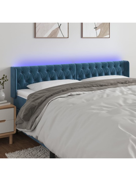 Čelo postele s led tmavě modré 203 x 16 x 78/88 cm samet
