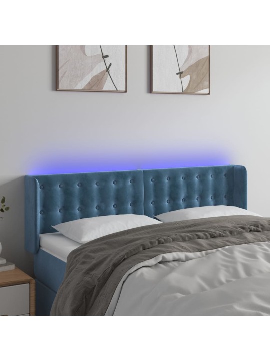 Čelo postele s LED tmavě modré 147 x 16 x 78/88 cm samet
