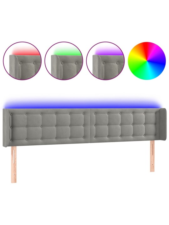 Čelo postele s LED světle šedé 203 x 16 x 78/88 cm samet