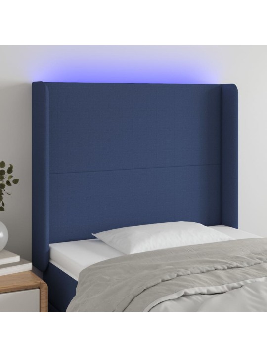 Čelo postele s LED modré 103 x 16 x 118/128 cm textil