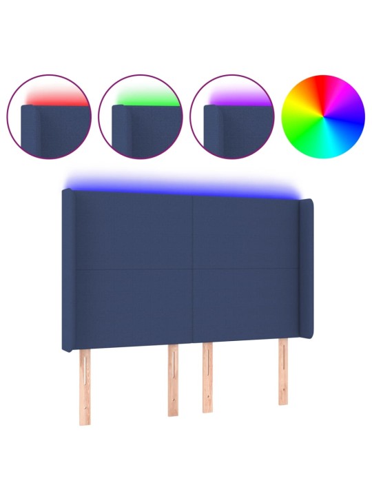 Čelo postele s led modré 147 x 16 x 118/128 cm textil
