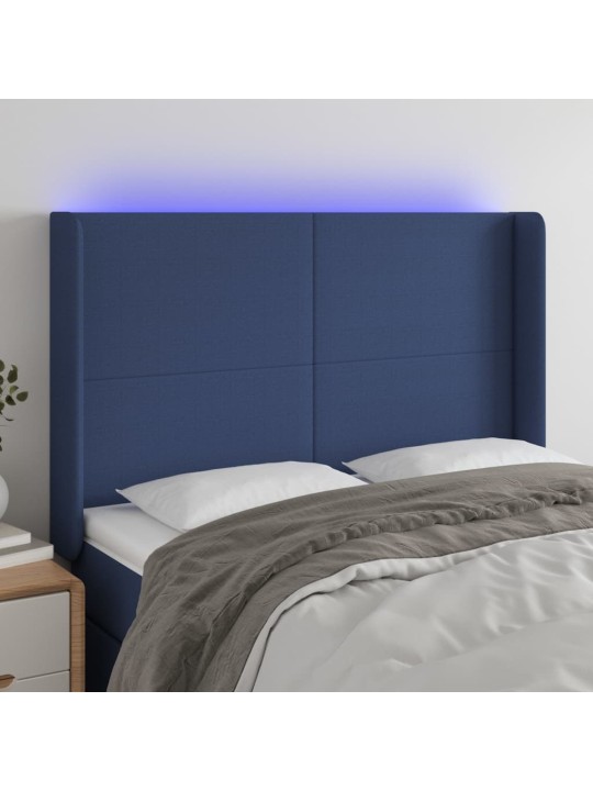 Čelo postele s led modré 147 x 16 x 118/128 cm textil