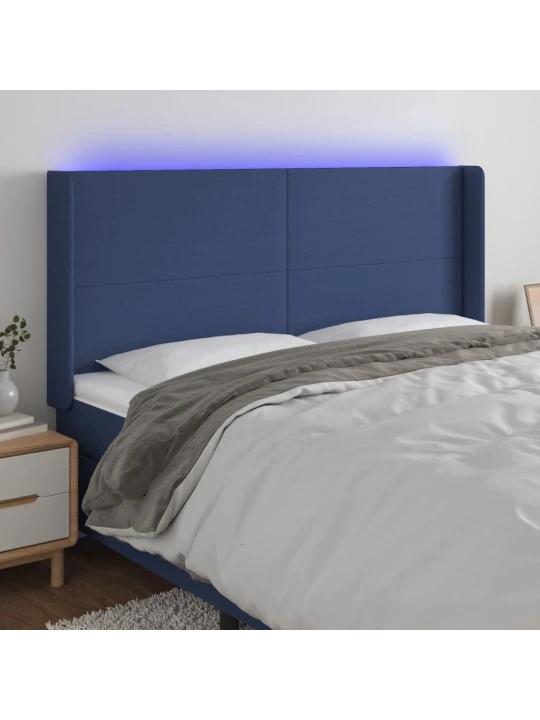Čelo postele s LED modré 203 x 16 x 118/128 cm textil