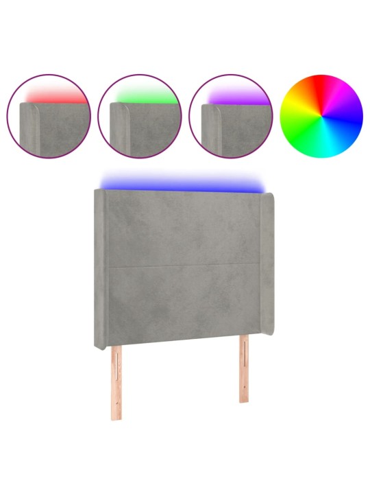 Čelo postele s LED světle šedé 103 x 16 x 118/128 cm samet