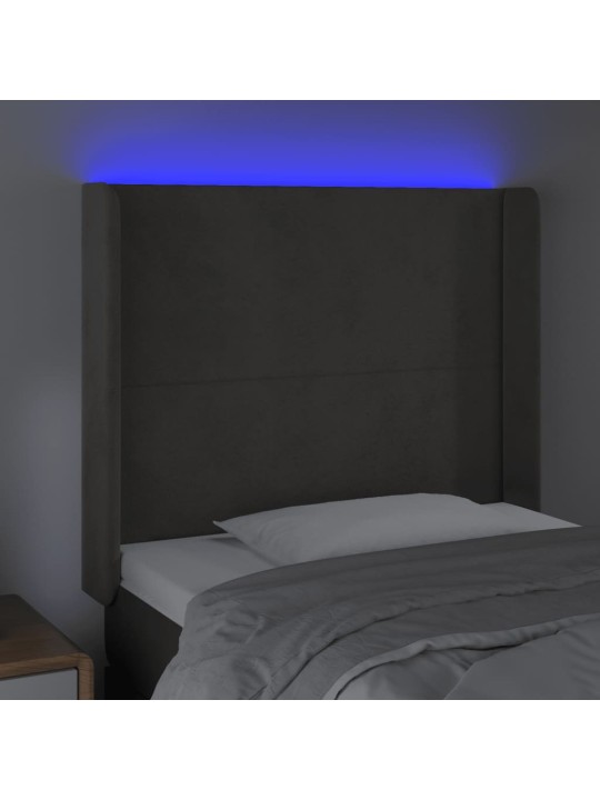 Čelo postele s LED tmavě šedé 103 x 16 x 118/128 cm samet