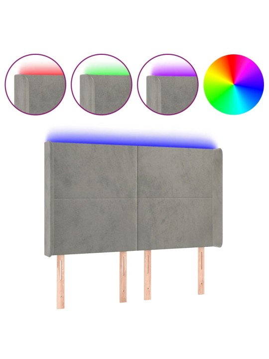 Čelo postele s LED světle šedé 147x16x118/128 cm samet