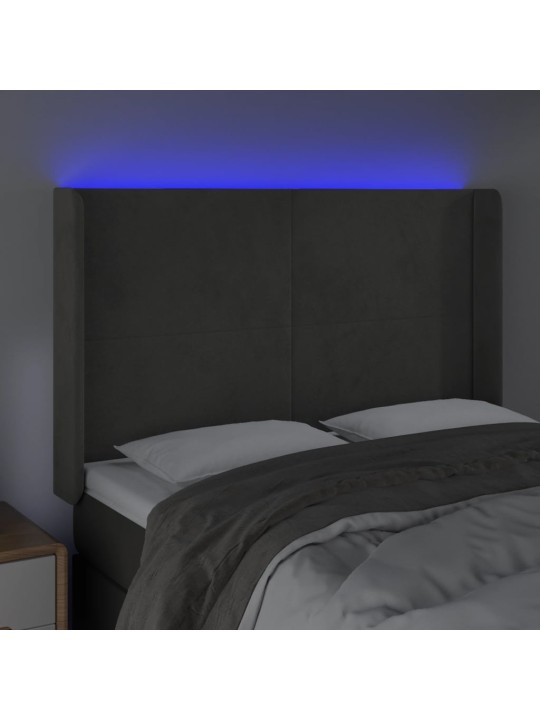 Čelo postele s LED tmavě šedé 147 x 16 x 118/128 cm samet