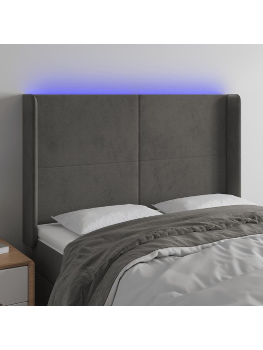 Čelo postele s LED tmavě šedé 147 x 16 x 118/128 cm samet