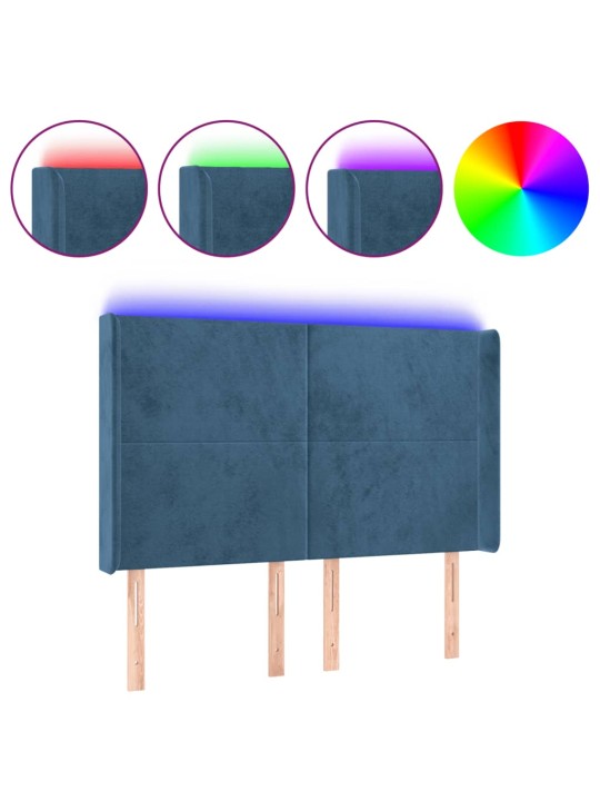 Čelo postele s led tmavě modré 147 x 16 x 118/128 cm samet