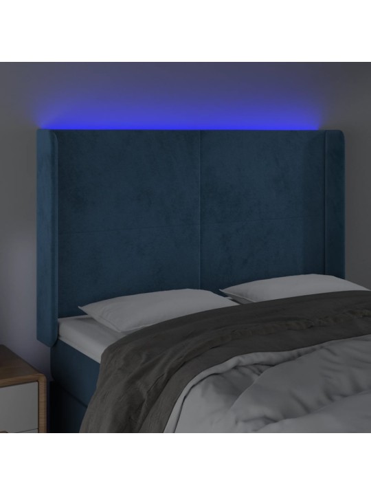 Čelo postele s led tmavě modré 147 x 16 x 118/128 cm samet