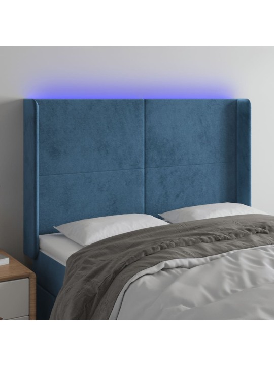 Čelo postele s led tmavě modré 147 x 16 x 118/128 cm samet